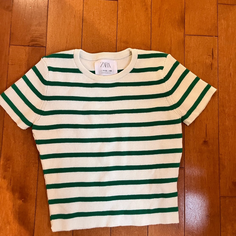 Zara Kids Green and White Striped Shirt